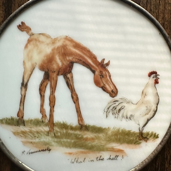 Frank Vosmansky Signed Abercrombie Horse and Rooster Coaster Vintage Silver